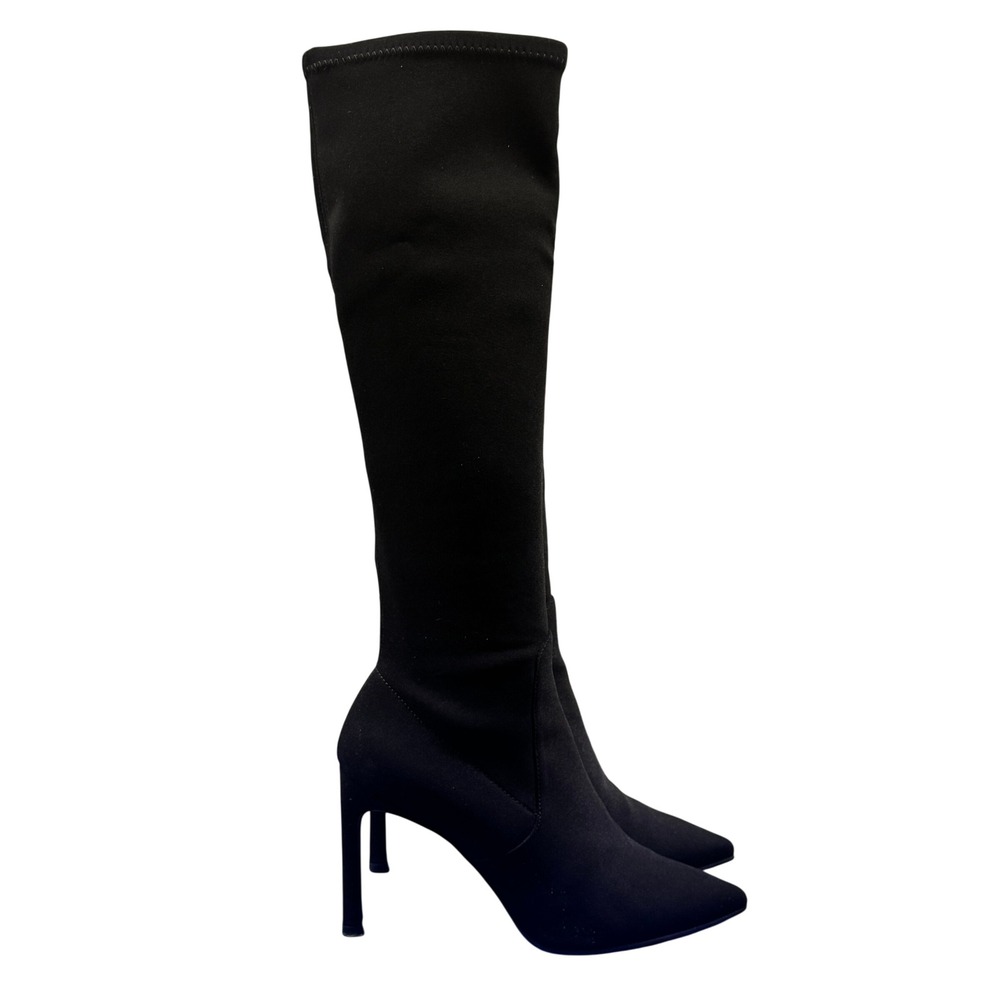 Size 6 Stuart Weitzman Black Stretch Fabric Point Toe Stiletto Knee High Boots
